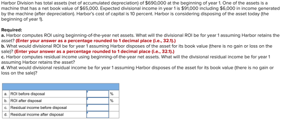 Harbor Division has total assets (net of accumulated depreciation) of $690,000 at the beginning of year 1. One of the assets