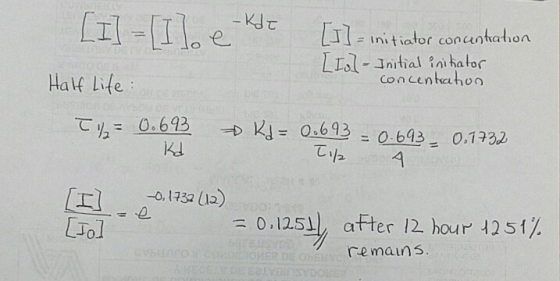 KJt # initiator con centration Initial iniha tor Con cenhahoo Hak lite ?,= 0.693 D Kd= O?693-0.643 = 0.1732 Tula -0.1732 112) 0,1251? after 12. hor l2s1 remauns Tol