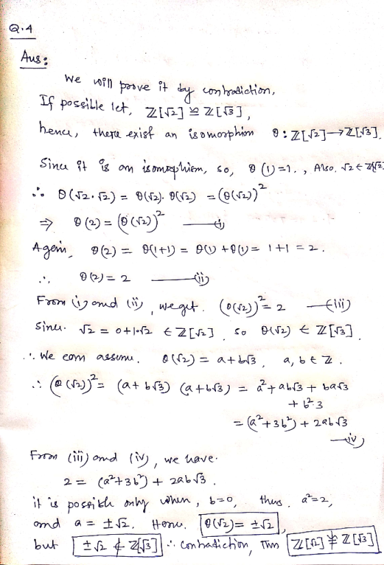 Q4 Aus We conhradichion Tposeille let, ZiG] ZIB), henca, thee exigt omorphim :ZL]Z[B], an Sinu 9tis om Aso, 2Nfi So, 2. (2.)