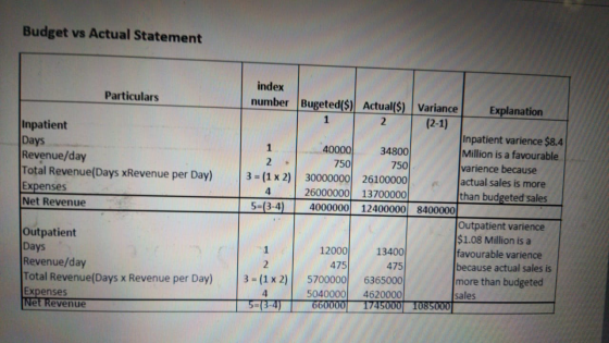 Budget vs Actual Statement Particulars 750 Inpatient Days Revenue/day Total Revenue(Days xRevenue per Day) Expenses Net Reven