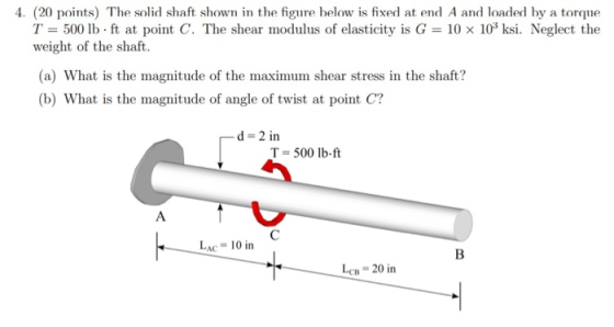 4. (20 points) The solid shaft shown in the figure below is fixed at end A and loaded by a torque T = 500 lb. ft at point C.
