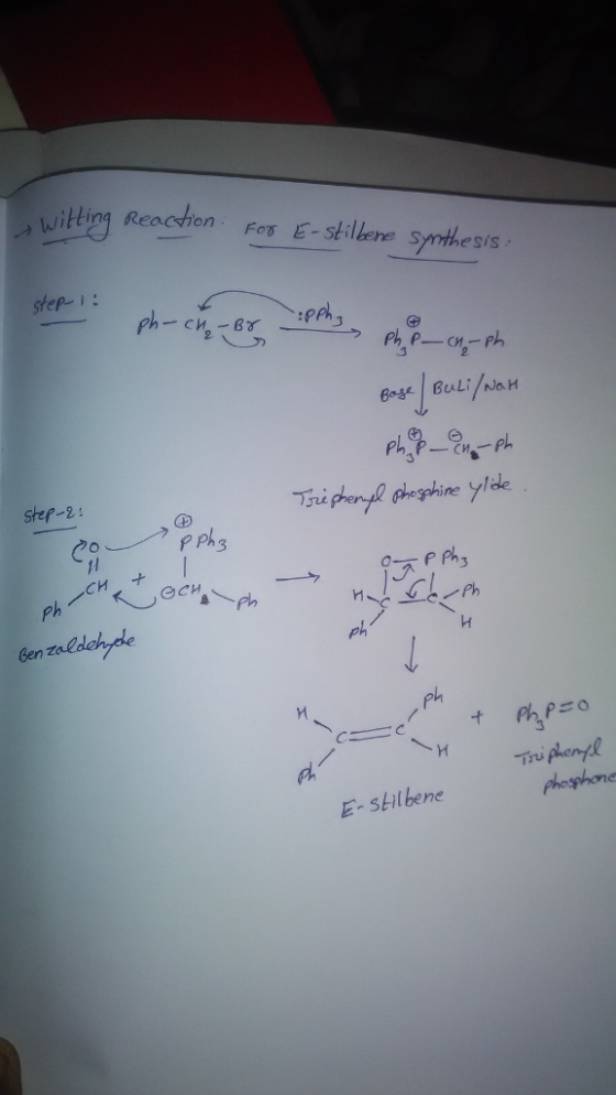 Hing ReachonFillere smthe sis step Boge BuLi NaH step-2: @ igheng hehine ylde 3 Gen zaldehde ph phosphone E-stibene