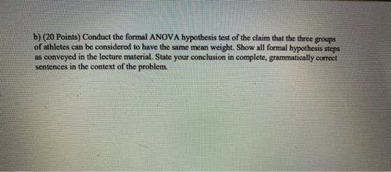 b) (20 Points) Conduct the formal ANOVA hypothesis test of the claim that the three groups of athletes can be considered to h