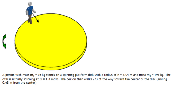 A person with mass mp-76 kg stands on a spinning platform disk with a radius of R = 2.04 m and mass md-193 kg. The disk is in