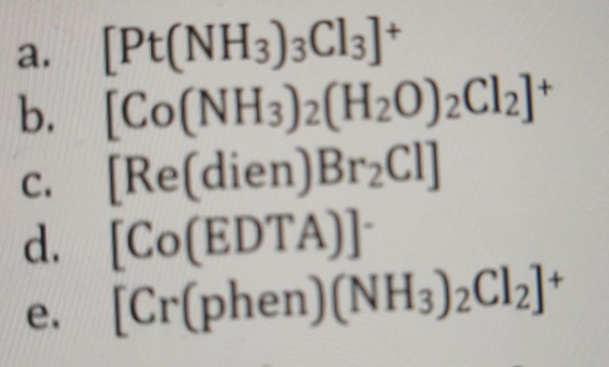 a. [Pt(NH3)3C13] b. [Co(NH3)2(H20)2Cl2] c. [Re(dien)Br2Cl] d. [Co(EDTA)] e. [Cr(phen) (NH3)2C12]*