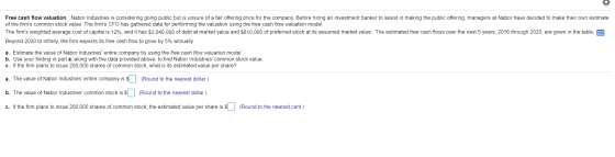 Free cash flow valuation Nabor Industries is considering going public but is unsure of a fair offering price for the company.