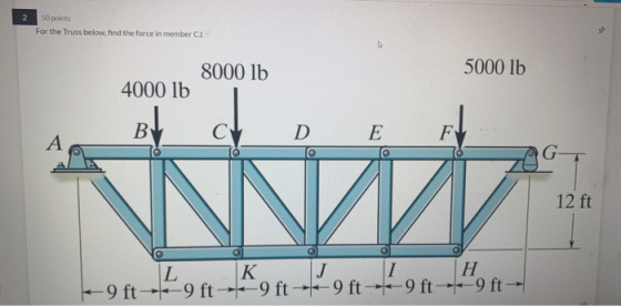 2 50 points For the Truss below find the force in member CL 8000 lb 5000 lb 4000 lb B To 12 ft C |-9 ft L9 ft-K9 ftoft 29.4.