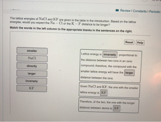 M Review | Constants 1 Periodic The lattice energies of NaCl and KF are given in the table in the introduction. Based on the