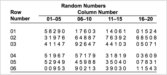 Random Numbers Row Number Column Number 06-10 01-05 11-15 16-20 01 02 03 5829 0 17603 14061 0152 4 31976 64887 76 39268508 41147 92647 44103 05071 04 05 06 51967 5717931819 0 36 09 5294 945988 350400783 1 0095 3 90213 39030 1 15 4 3