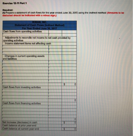 Exercise 12-11 Part 1 Required: (1) Prepare a statement of cash flows for the year ended June 30, 2017, using the indirect me