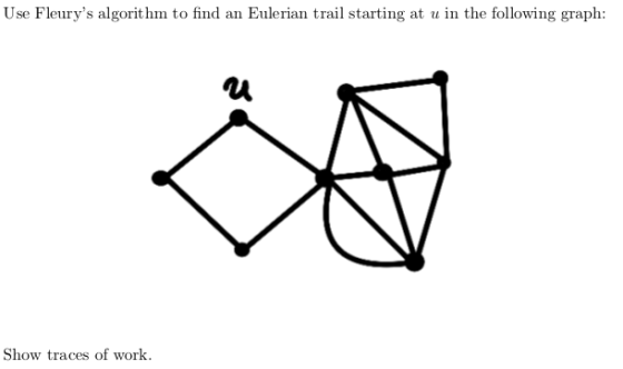 Use Fleurys algorithm to find an Eulerian trail starting at u in the following graph: Show traces of work.