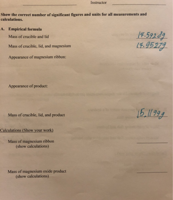 Instructor Show the correct number of significant figures and units for all measurements and calculations. A. Empirical formu