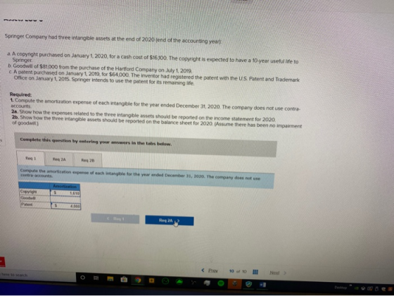 Springer Company had three intangible assets at the end of 2020 end of the accounting year A copyright purchased on January 1