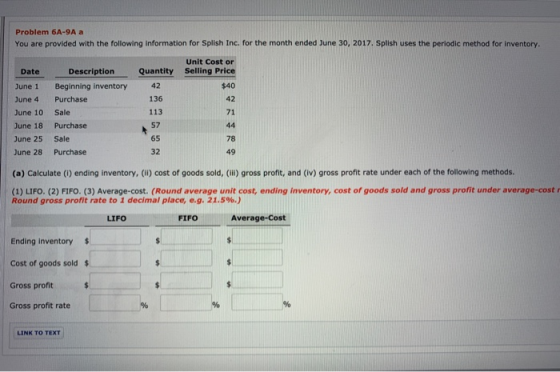 Problem 6A-9A a You are provided with the following information for Splish Inc. for the month ended June 30, 2017. Splish use