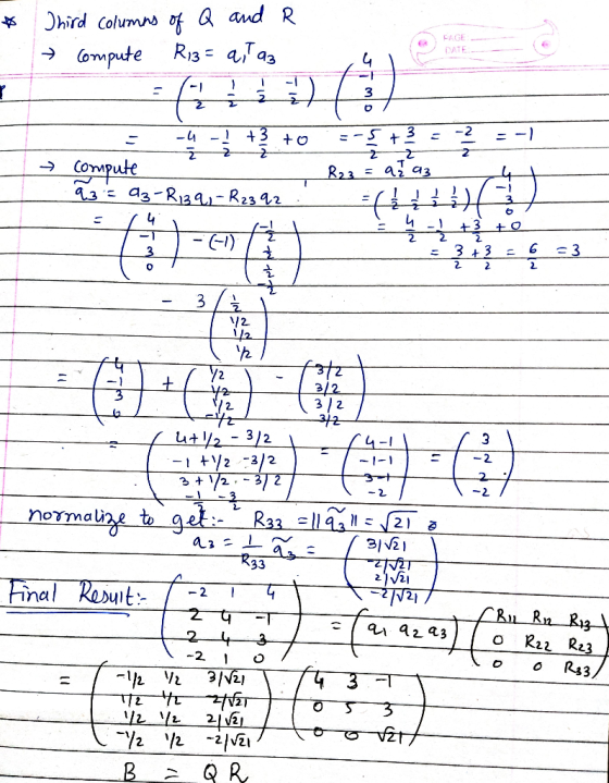 * Third columns of Q and R → compute Riz= ailaz PAGE DATE -5 +3 - → - -4 - +3 +0 compute 13 - 43-81397-R2342 . - R23 = araz 2
