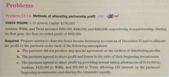 Problems Problem 11-1A Methods of allocating partnership profit L03 eXcel CHECK FIGURE: c. Cr Jenkins, Capital: $195,000 Jenkins, Willis, and Trent invested $200,000, $350,000, and $450,000, respectively, in a partnership. During its first year, the firm recorded profit of $600,000. Required Prepare entries to close the firms Income Summary account as of December 31 and to allocate the profit to the partners under each of the following assumptions: a. The partners did not produce any special agreement on the method of distributing profits b. The partners agreed to share profit and losses in the ratio of their beginning investments. e. The partners agreed to share profit by providing annual salary allowances of $110,000 to Jenkins, $120,000 to Willis, and $55,000 to Trent, allowing 15% interest on the partners beginning investments; and sharing the remainder equally.