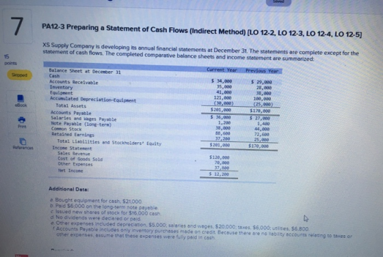 Saved 7 PA12-3 Preparing a Statement of Cash Flows (Indirect Method) (LO 12-2, LO 12-3, LO 12-4, LO 12-5] XS Supply Company i