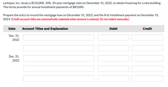 Larkspur, Inc. issues a $510,000, 10%, 10-year mortgage note on December 31, 2022, to obtain financing for a new building. Th