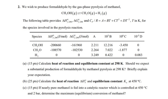 2. We wish to produce formaldehyde by the gas-phase pyrolysis of methanol, CH,OH (8)=CH,0 (8)+H, () The following table provi