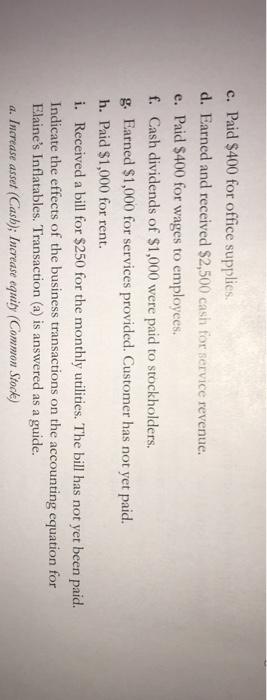 c. Paid $400 for office supplies. d. Earned and received $2,500 cash for service revenue. e. Paid $400 for wages to employees