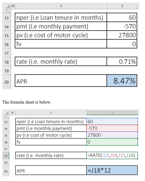 13 14 Inper (i.e Loan tenure in months) | pmt (i.e monthly payment) pv (i.e cost of motor cycle) fv 60 -570 27800 16 17 18 ra