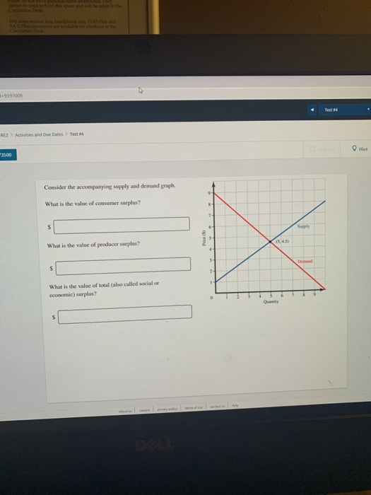 19197009 REZ Activities and Due Dates > Test 4 Hint 13500 Consider the accompanying supply and demand graph. What is the valu