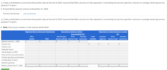 a. Create a worksheet to summarize the pension data at the end of 2020. Assume that Rollo uses the corridor approach in amort