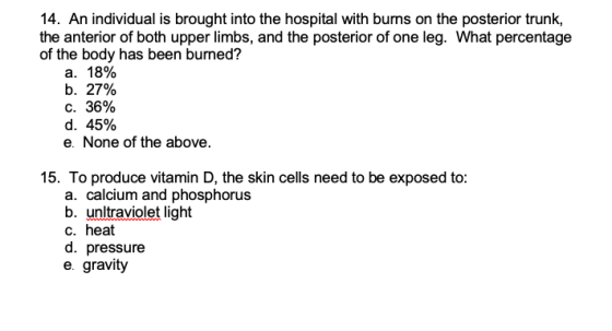 14. An individual is brought into the hospital with burns on the posterior trunk, the anterior of both upper limbs, and the p