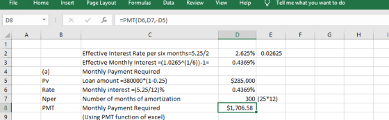 File Home Insert Page Layout Formulas Data Review View Help Tell me what you want to do D8 - x fc =PMT(D6,D7,-05) ДА В D 0.02