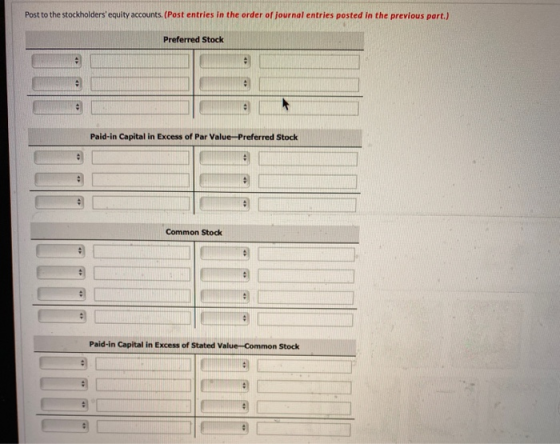Post to the stockholders equity accounts. (Post entries in the order of journal entries posted in the previous part.) Prefer