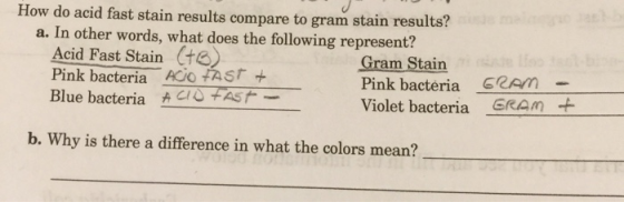 How do acid fast stain results compare to gram stain results? a. In other words, what does the following represent? Acid Fast
