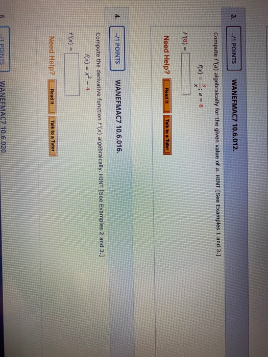-11 POINTS WANEFMAC7 10.6.012. Compute f(a) algebraically for the given value of a. HINT (See Examples 1 and 3.) f(x) = : a =