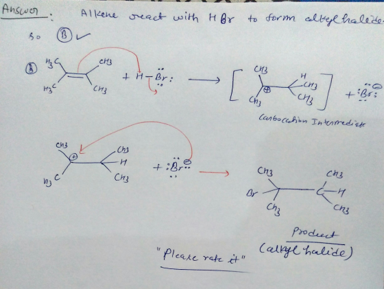 react with her to form celkel halede- Alkene v so + H-B LCHZ CH3 -CH3 tibro 13 Carboccation Intermediate con Eh +:Bros CH3 Br