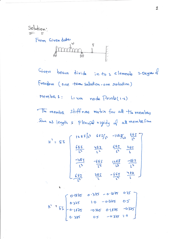 Solution Yom Given dota Given beam divida in to 1 clemenb 2-Degw ree dom o ne Membe, 1: L TEA memba shffney Matix for a회th me