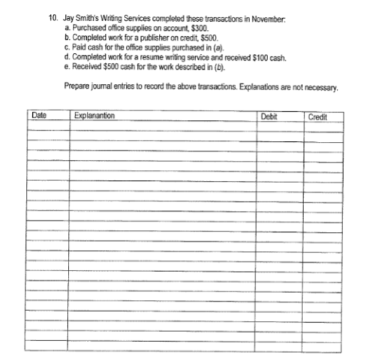10. Jay Smiths Writing Services completed these transactions in November a. Purchased office supplies on account, $300. b. C