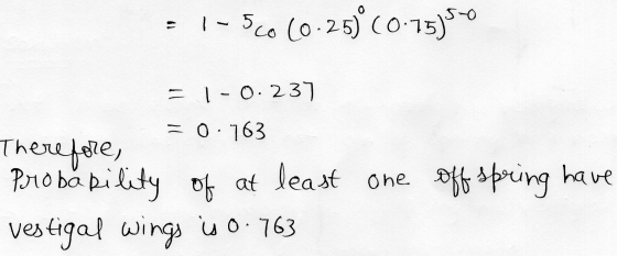 = 1-5c0 (0.25)° (0.75)50 = 1-0.237 = 0.763 Therefore one offspring have Probability of at least vestigal wings is 0.763