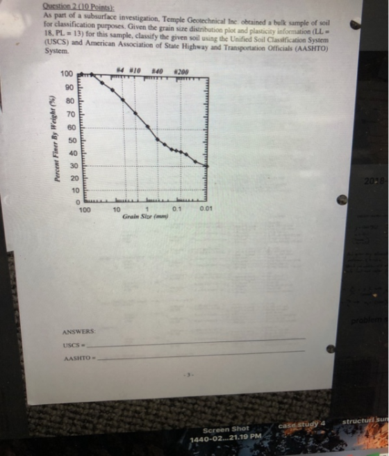 As part of a subsurface investigation, Temple Geotechnical Inc obtained a bulk sample of soil for classification purposes. Given the grain size distribution plot and plasticity information 18, PL 13) for this sample, classify the given soil using the Unified Soil Classification System (USCS) and American Association of State Highway and Transportation Officials ( System. (LL· AASHTO) B4 #10 #40 #200 100 90 80 70 E 60 E . s 50 E 40 30 è 20 0 0 100 10 0.1 0.01 Grain Sive ( USCS AASHTO structurl su case study 4 Screen Shot 440-02. 21.19 PM