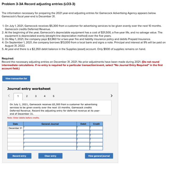 Problem 3-3A Record adjusting entries (LO3-3) The information necessary for preparing the 2021 year-end adjusting entries for