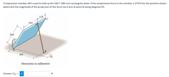 Compression member AB is used to hold up the 260 x 380-mm rectangular plate. If the compressive force in the member is 270 N