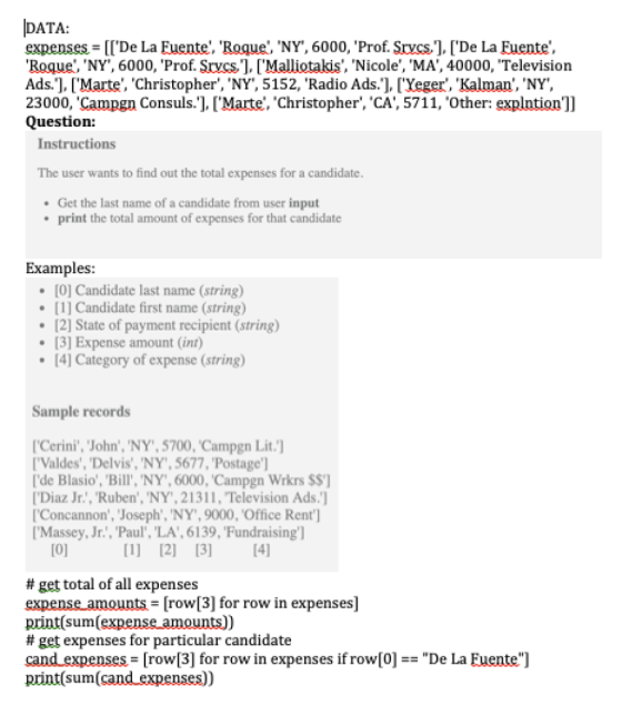DATA expenses [[De La Euente, Roque, NY, 6000, Prof. Srvcs,], [De La Fuente, Roque, NY, 6000, Prof. Srvcs. [Mall