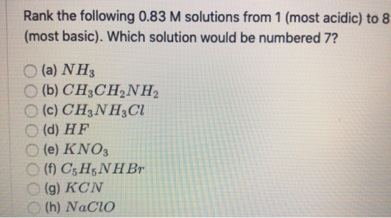 Rank the following 0.83 M solutions from 1 (most acidic) to 8 (most basic). Which solution would be numbered 7? O(a) NH3 O (b