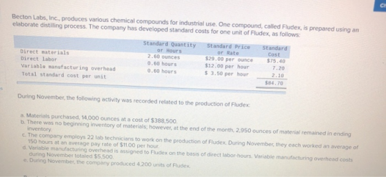 Becton Labs, Inc., produces various chemical compounds for industrial use. One compound, called Fludex, is prepared using an