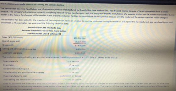 Encome Statements under Absorption Costing and Variabile Casting The demand for aloe vera hand lotion, one of numerous produc