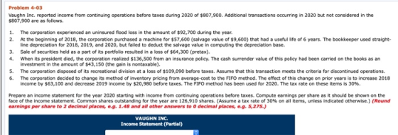 Problem 4-03 Vaughn Inc. reported income from continuing operations before taxes during 2020 of $807,900. Additional transact