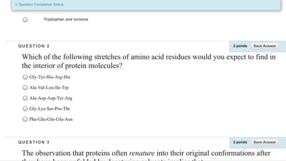 Question Completion Status: O Tryptophan and tyrosine QUESTION 2 2 points Save Answer Which of the following stretches of amino acid residues would you expect to find in the interior of protein molecules? O Gly-Tyr-His-Arg-His O Ala-Val-Leu-lle-Trp O Ala-Asp-Asp-Tyr-Arg O Gly-Lys-Ser-Pro-Thr OPhe-Glu-Gin-Glu-Asn QUESTION 3 2 points Save Answer The observation that proteins often renature into their original conformations after