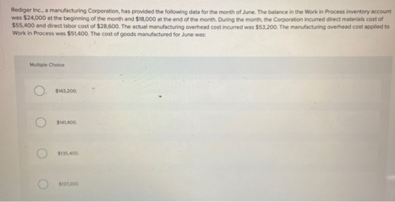 Rediger Inc., a manufacturing Corporation, has provided the following data for the month of June. The balance in the Work in