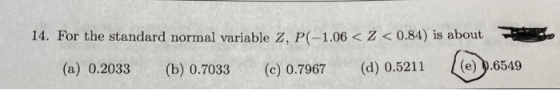 14. For the standard normal variable Z, P(-1.06 < Z < 0.84) is about (a) 0.2033 (b) 0.7033 (c) 0.7967 (d) 0.5211 ((@) 9.6549