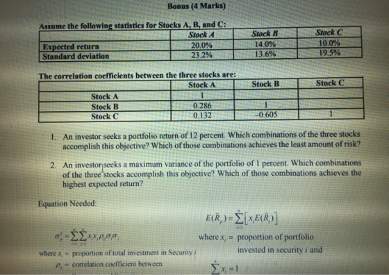 Bonus (4 Marks) S Assume the following statistics for Stocks A, B, and C: SE Stock A Expected return NNNNNNNN 20.0% Standard