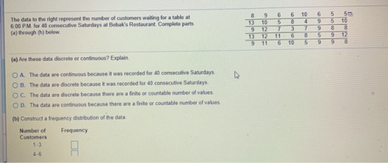 55 The data to the right represent the number of customers waiting for a table at 6:00 PM for 40 consecutive Saturdays at Bob