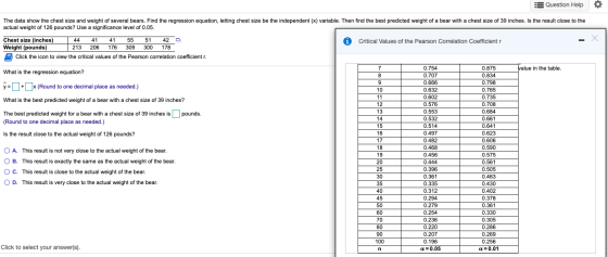 A Question Help O The data show the chest size and weight of several bears. Find the regression equation, letting chest size